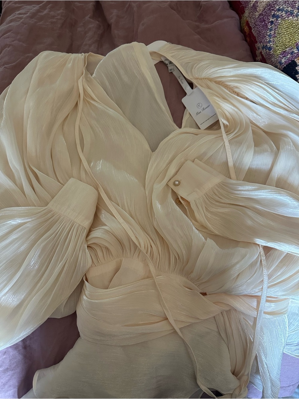Women's Cream Pleated Tie-Neck Dress - Picture 11 of 14